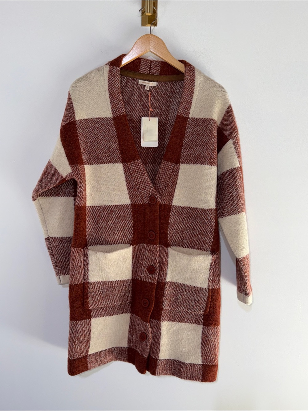 Skies Are Blue Long Open-Front Oversized Cardigan Sweater - Rust & Cream xsmall